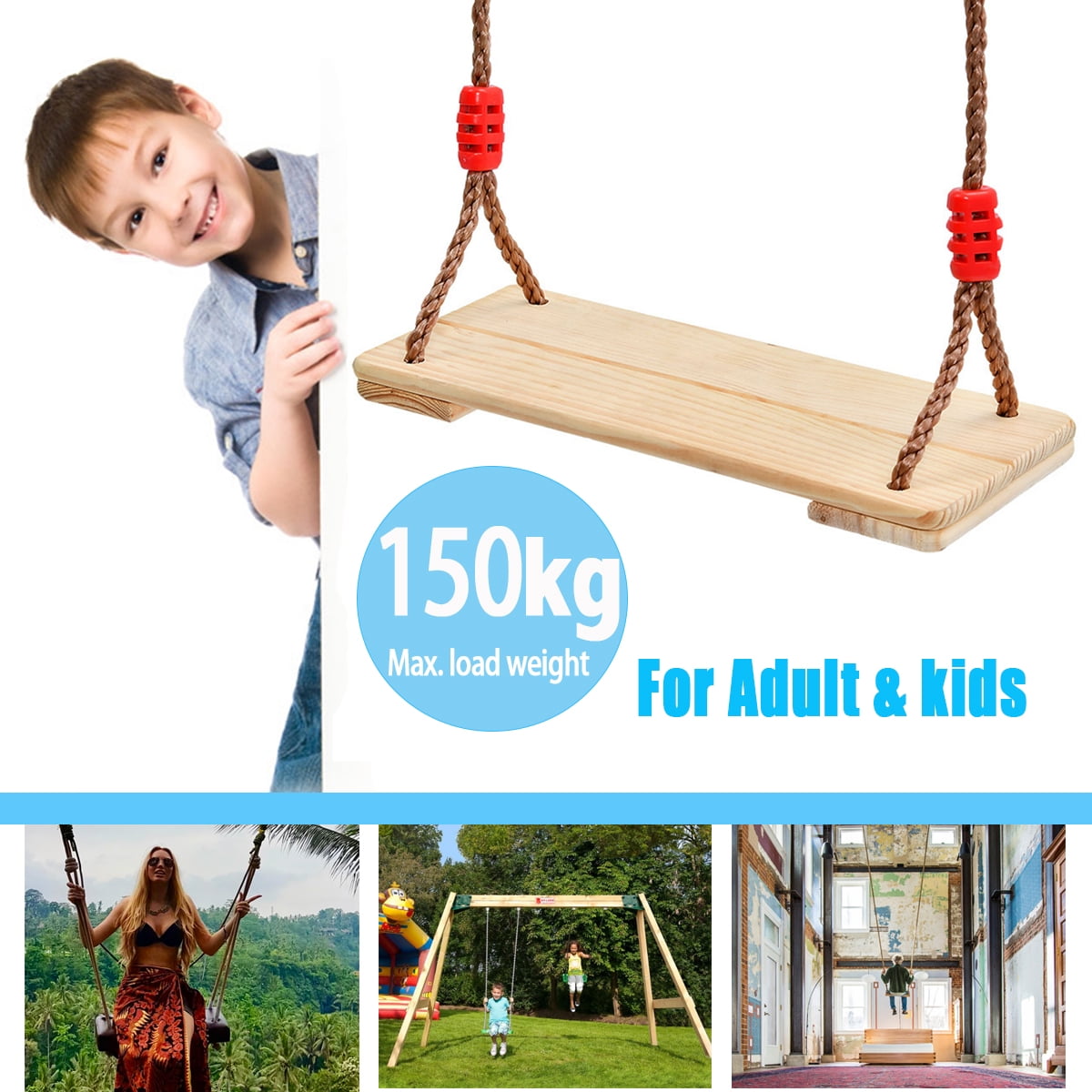Wooden Swing Kids Seat Swing Rope Tree Fun Outdoor Summer Play 330lbs Capicity